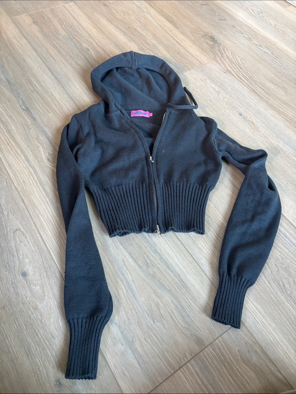 Edikted Blue Hooded Zip Cropped Sweater